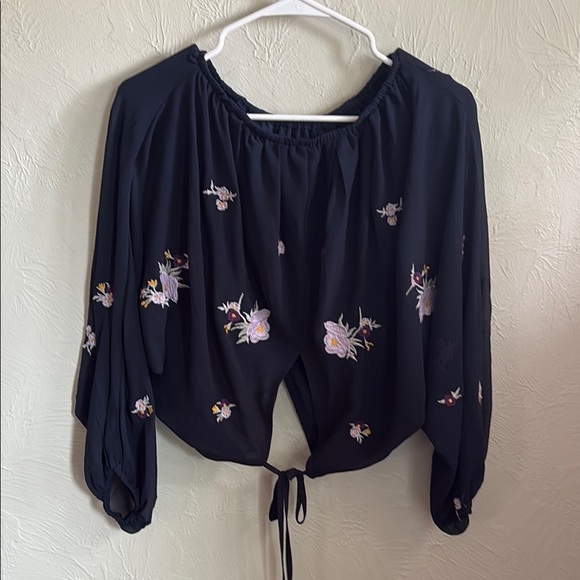 Altar'd State Navy with embroidered flowers 3/4 Sleeve Tie Blouse - Picture 6 of 6